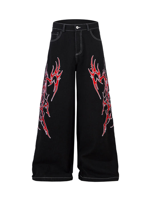Baggy-Jeans mit kontrastierender Flammenstickerei – 2364