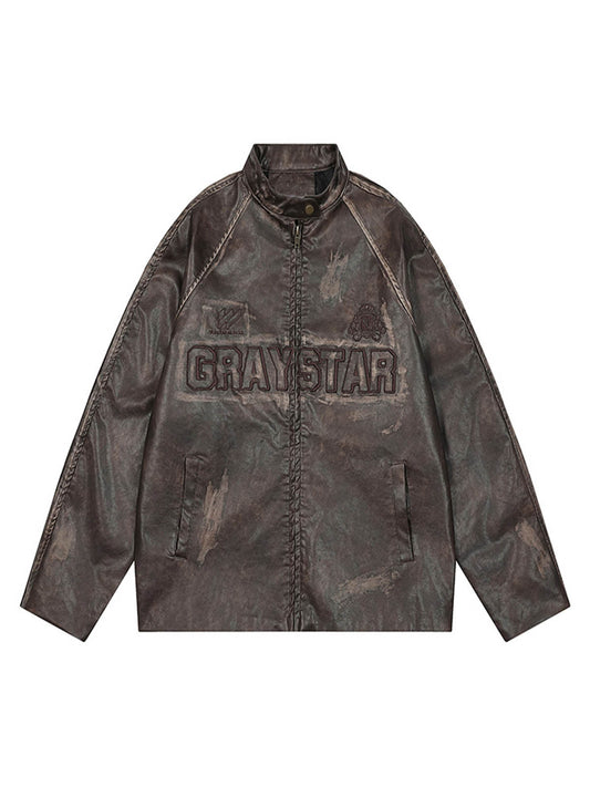 Thesupermade – Motorradjacke aus PU-Leder mit Buchstabenstickerei im Used-Look