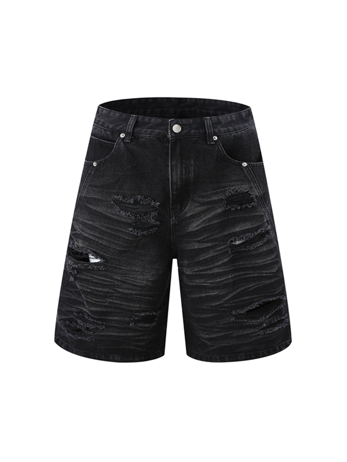 Distressed Washed Distressed Denim Shirt & Jorts Set