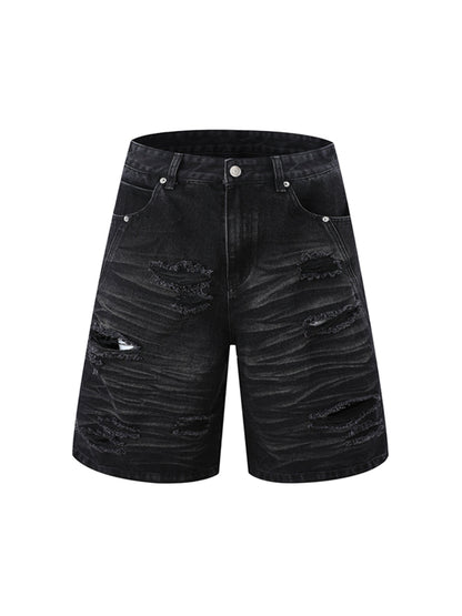 Distressed Washed Distressed Denim Shirt & Jorts Set