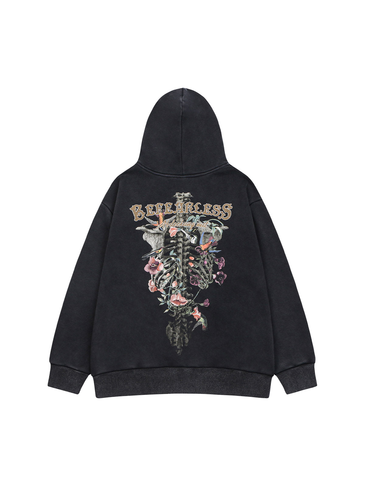 Thesupermade Distressed Floral&Skull Fleece Hoodie