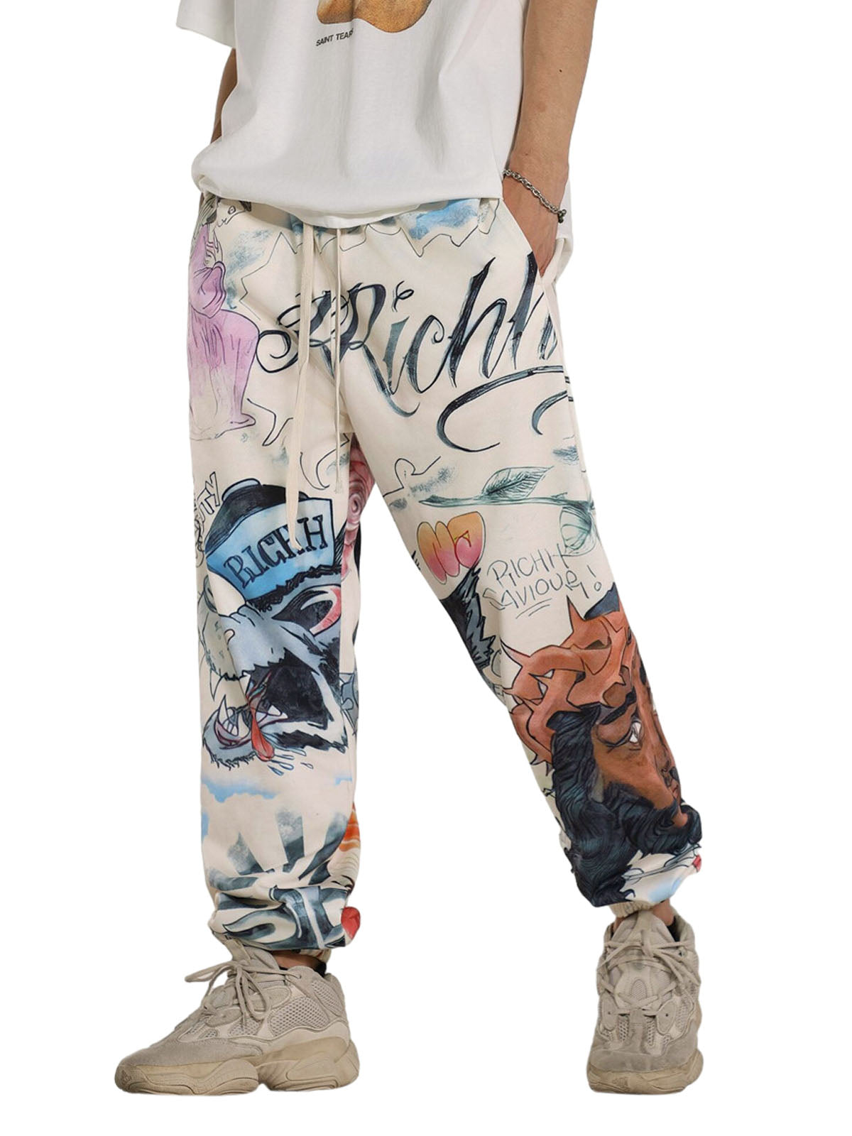 Thesupermade Drawstring Full Graffiti Cuffed Pants