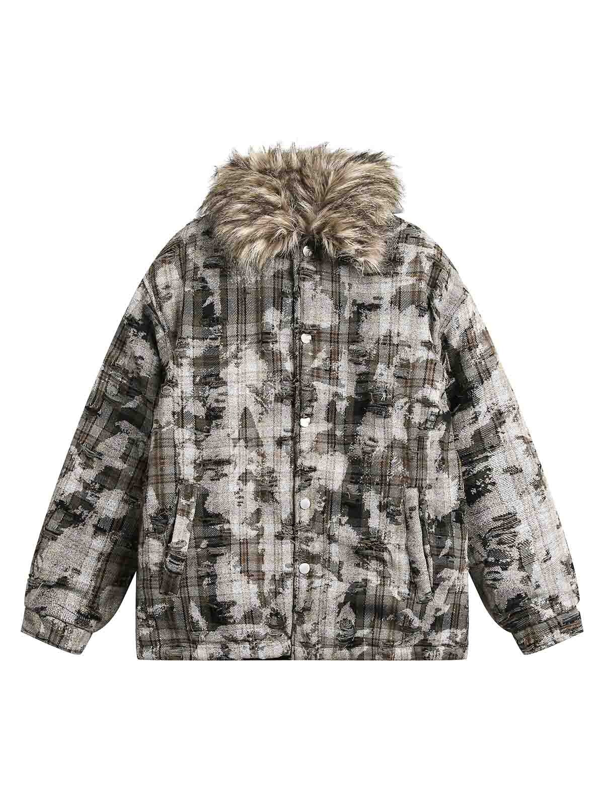 Thesupermade Camouflage Detachable Fur Collar Quiled Jacket