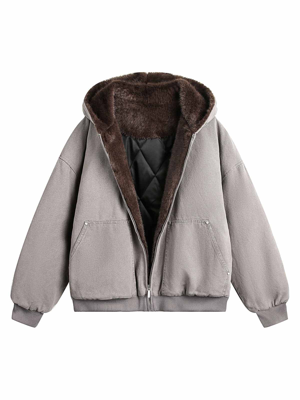 Thesupermade Fur Hooded Zip Up Quilted Jacket