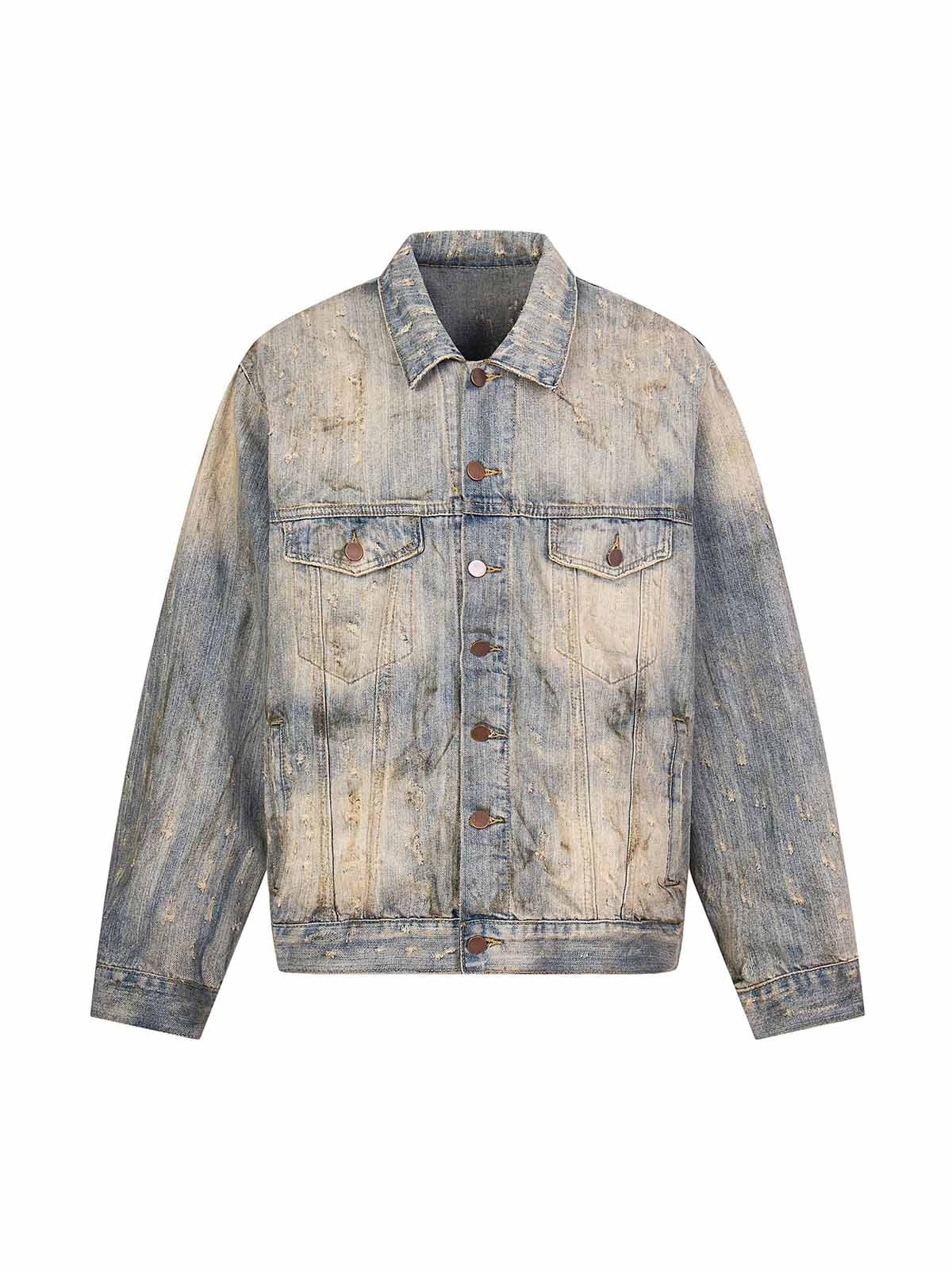 Mud-dyed Distressed Rhinestone Denim Jacket - 2336