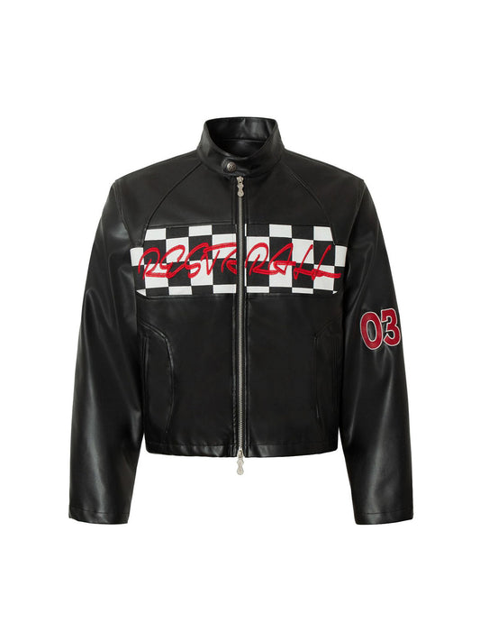 Veste de moto en cuir à coutures à carreaux