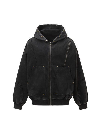 Street Washed Distressed Stitching Rivet Hooded Jacket