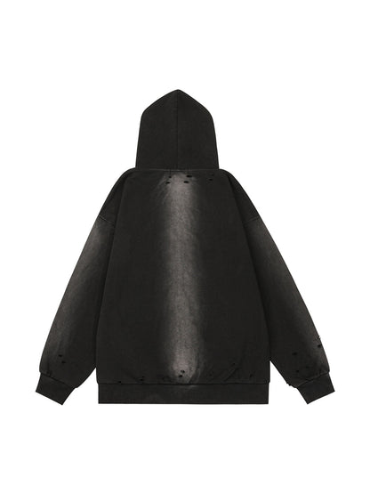 Sweat à capuche zippé déchiré et délavé