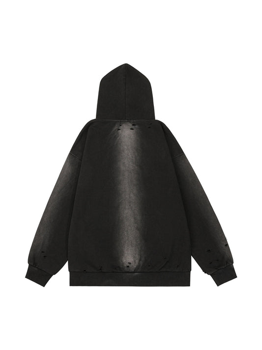 Sweat à capuche zippé déchiré et délavé