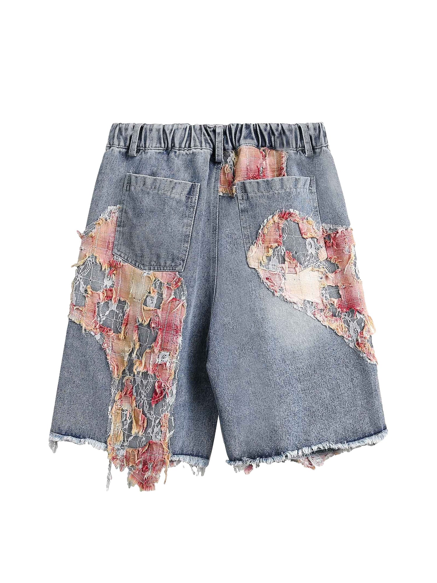 Short en jean déchiré à fleurs, style artisanal, Thesupermade - 2135