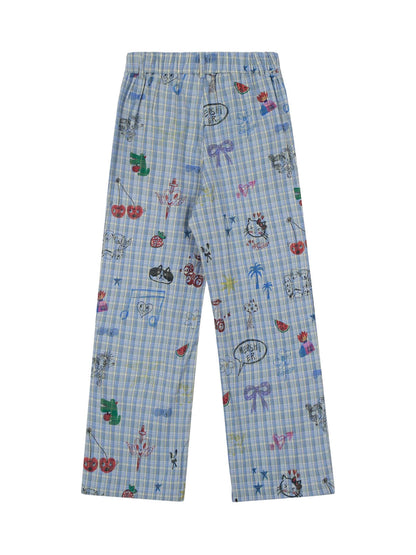 Pantalon à carreaux amusant à imprimés floraux et fruités