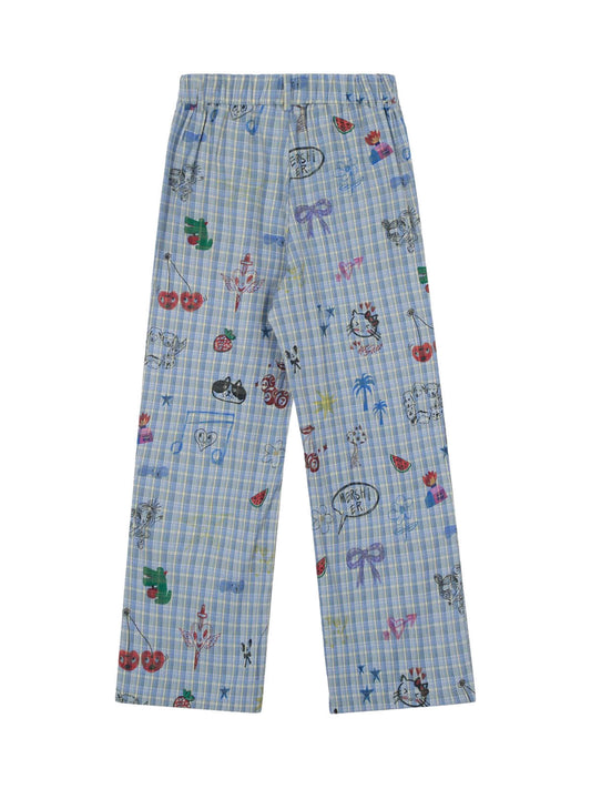 Fun Floral and Fruit Prints Plaid Pants
