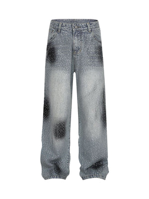 Washed Gradient Rhinestone Straight Jeans