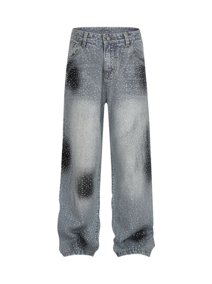 Washed Gradient Rhinestone Straight Jeans