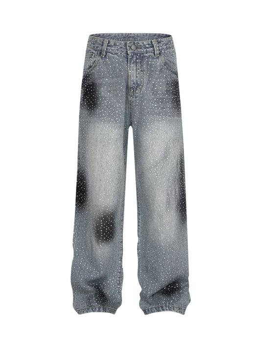 Washed Gradient Rhinestone Straight Jeans