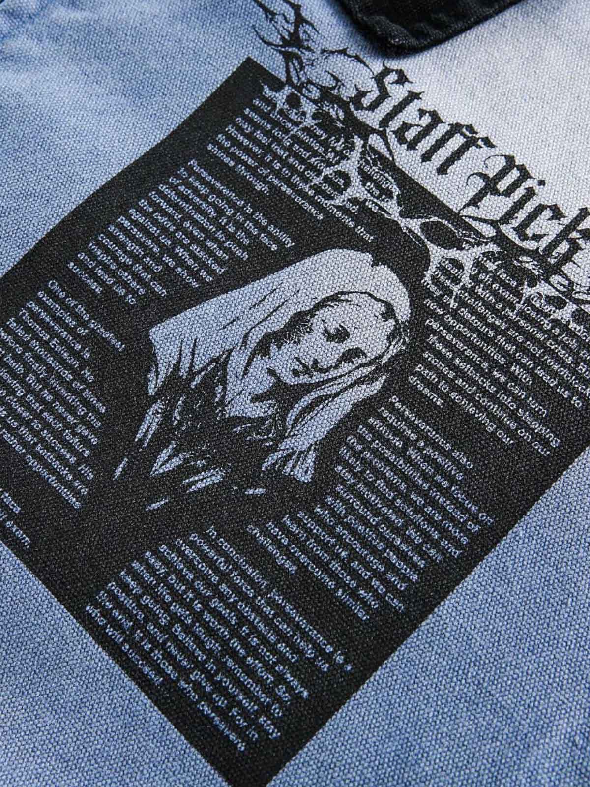 Veste en jean zippée délavée avec graffiti déchiré