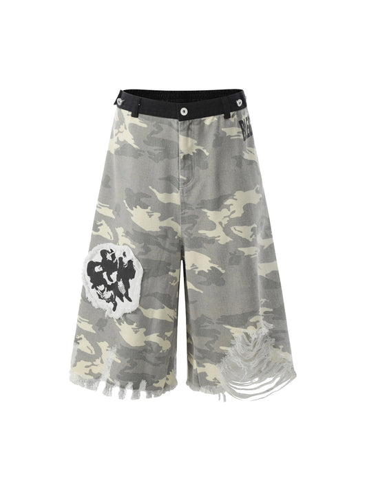 Jorts camouflage déchirés avec appliques brodées