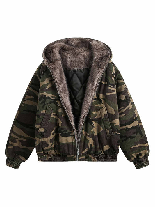 Thesupermade – Steppjacke mit Kapuze und Camouflage-Pelzkragen