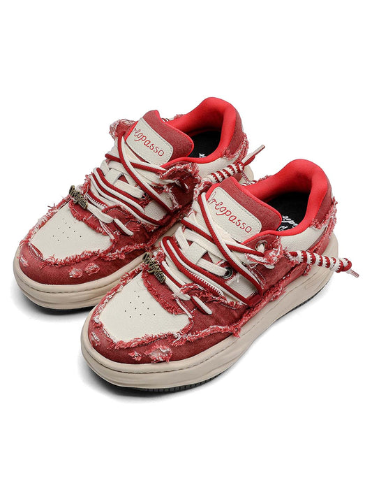 Washed Denim Low-Top Raw Edge Sneakers