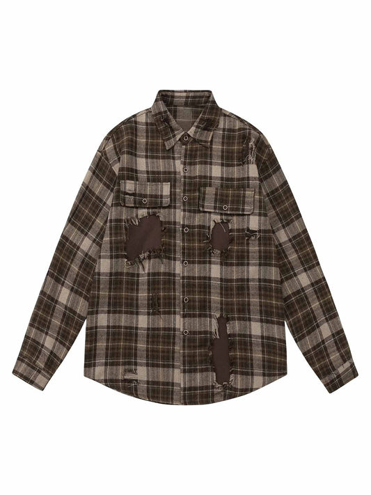 Chemise à carreaux à manches longues et patchwork déchiré rétro