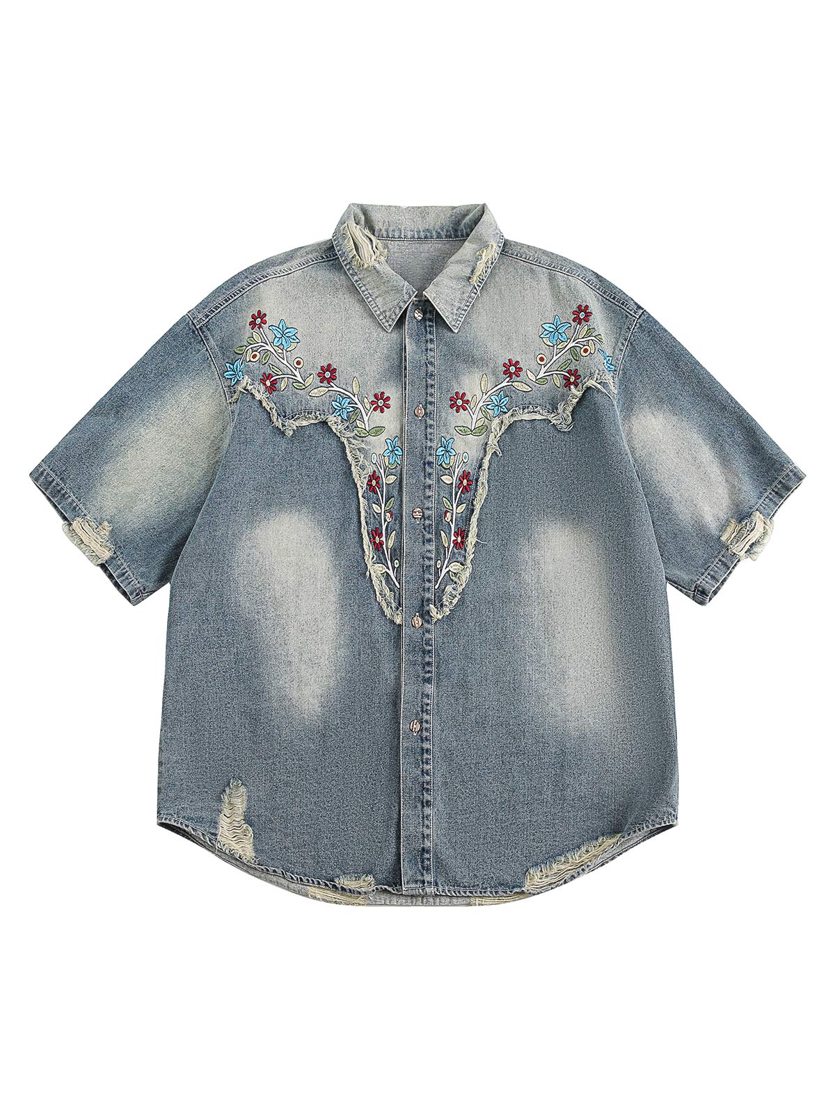 Ripped Embroidered Floral Denim Shirt