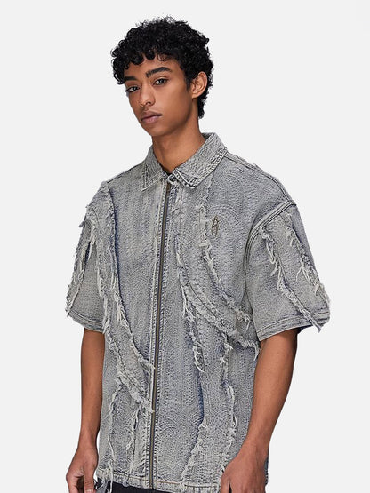 Jeanshemd mit verwaschenem Saum und offenen Kanten - 2064 