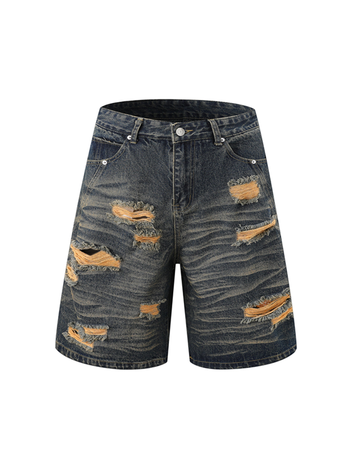 Distressed Washed Distressed Denim Shirt & Jorts Set