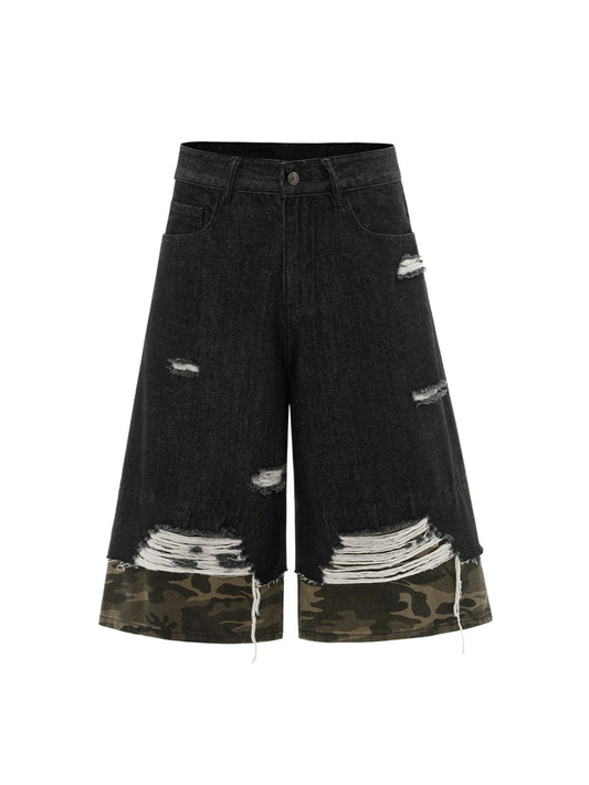 Patchwork Camouflage Ripped Denim Jorts