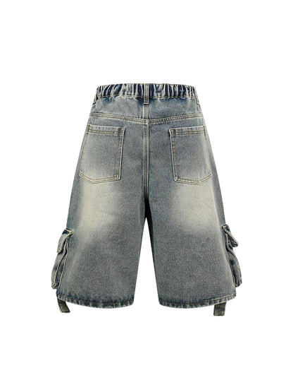 High-Waisted Multi-Pocket Denim Cargo Shorts