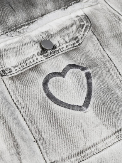 Distressed-Jeansjacke mit Stickerei