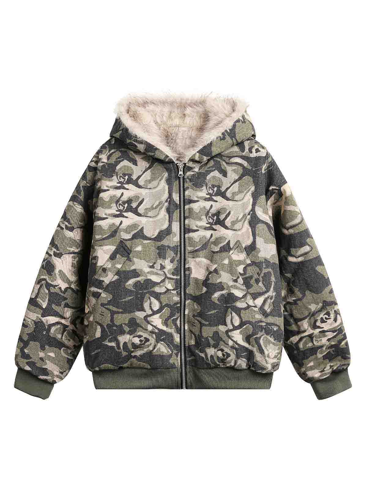 Thesupermade Camouflage Fur Hooded Jacket