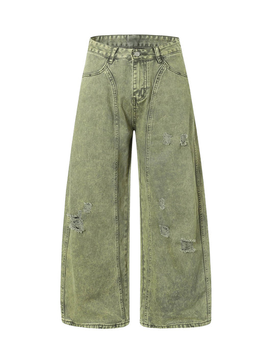 Washed Distressed Ripped Barrel Jeans