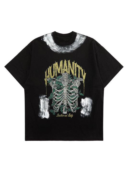 T-shirt rétro délavé avec motif graffiti et tête de mort