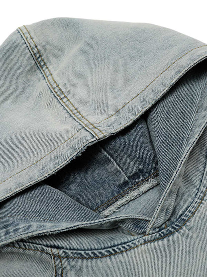 Embroidered Washed Distressed Denim Hoodie