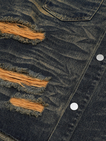 Distressed Washed Distressed Denim Shirt & Jorts Set
