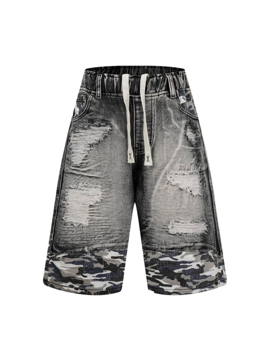 Distressed Camouflage Denim Shorts