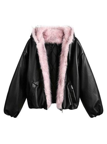 Gesteppte Lederjacke mit rosa Fellkapuze