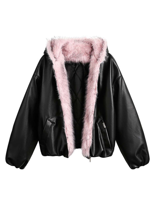 Gesteppte Lederjacke mit rosa Fellkapuze
