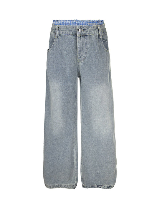 Plaid Double Waist Baggy Jeans