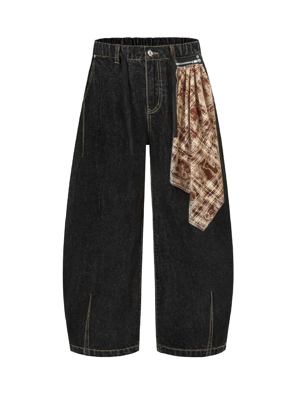 Patchwork Plaid Pleated Baggy Barrel Jeans - 2334