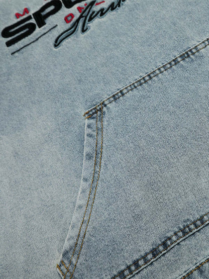 Embroidered Washed Distressed Denim Hoodie