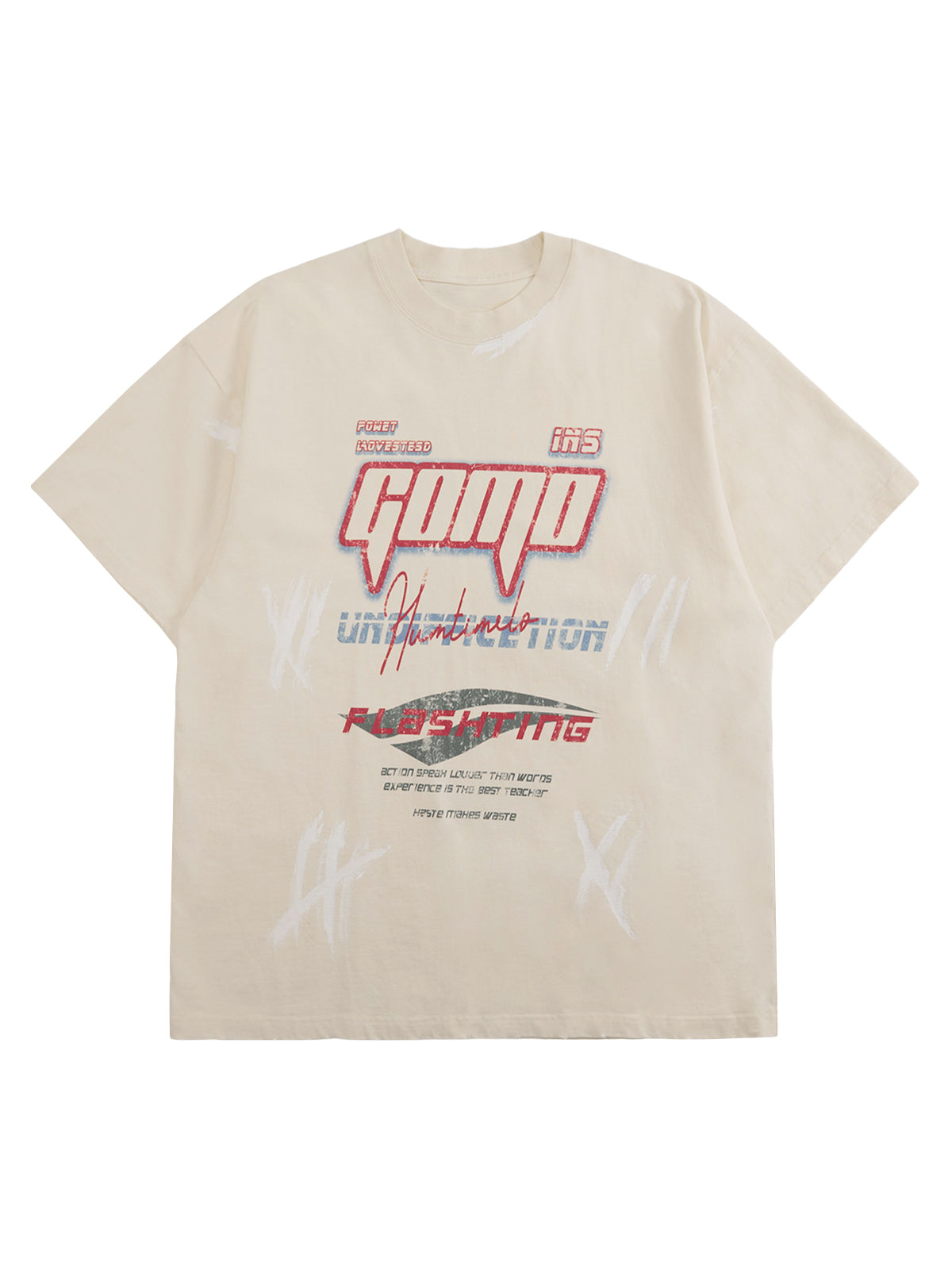 T-Shirt mit verwaschenem Retro-Print und gebrochenen Buchstaben in Kontrastfarbe