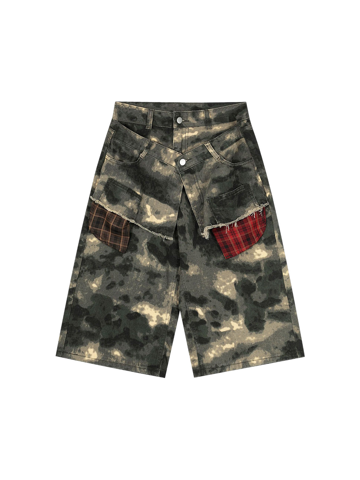 Plaid Pockets Camouflage Denim Shorts