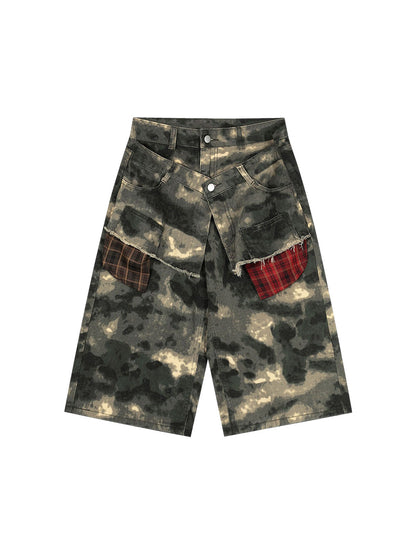 Plaid Pockets Camouflage Denim Shorts