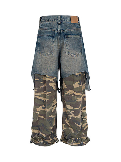 Retro Stitching Faux Two-Piece Camouflage Jeans