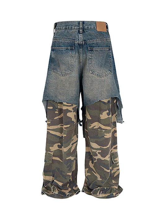 Retro Stitching Faux Two-Piece Camouflage Jeans