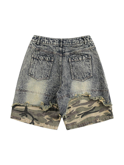Retro Washed  Camouflage Ripped Faux Two-Piece Jorts