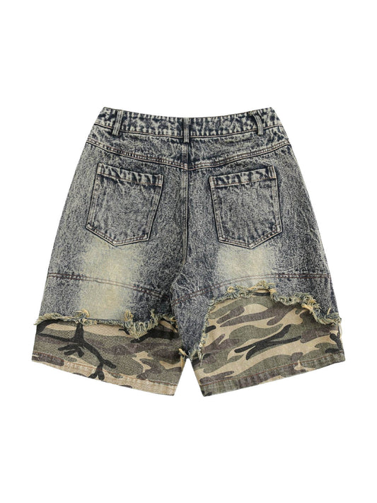 Retro Washed  Camouflage Ripped Faux Two-Piece Jorts