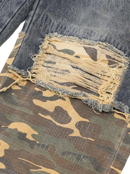 Distressed Camouflage Patchwork Jeans