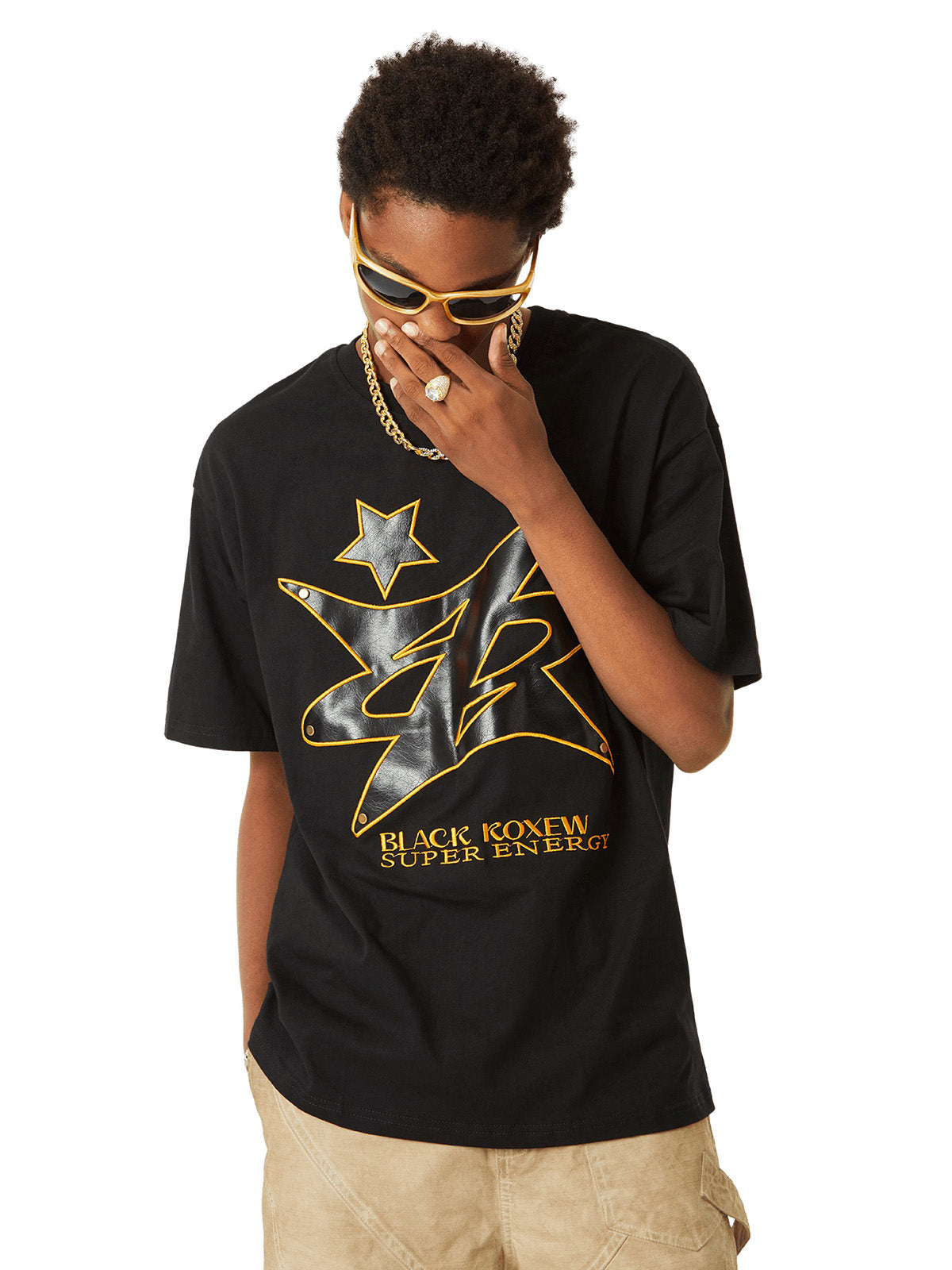 Thesupermade Leather Studded Creative Star Street Rap T-shirt